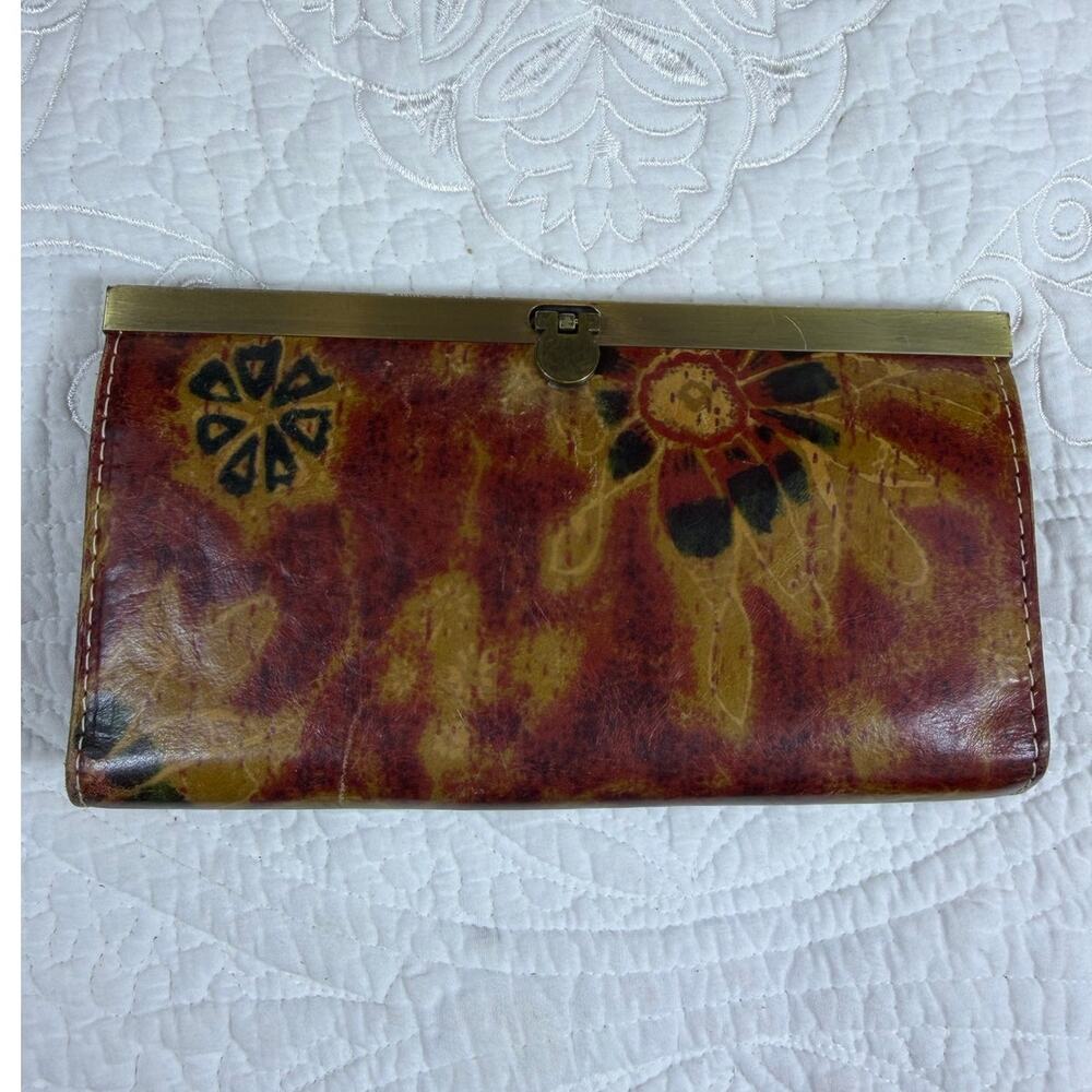Patricia Nash Cauchy Tan Red Floral Tooled Leather RFID Protection Clutch Wallet